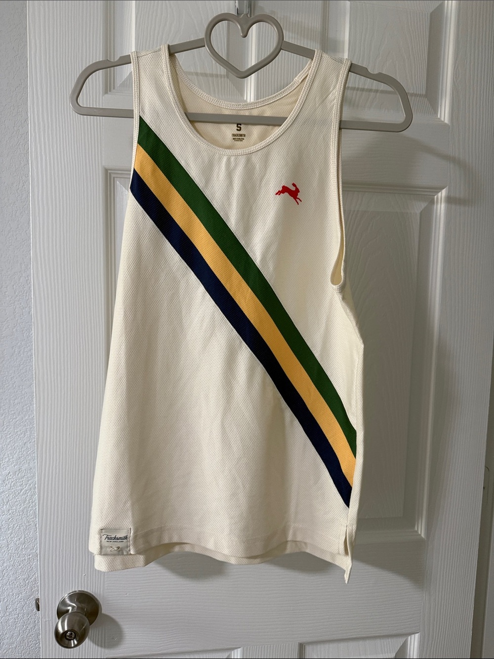 Tracksmith Cream Tank Top with Green, Yellow & Navy Diagonal Stripes